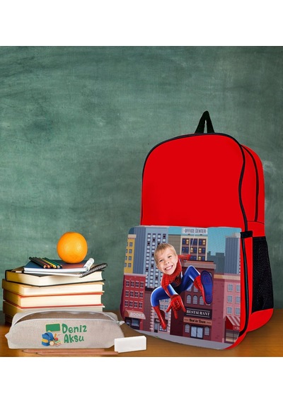 Bk Gift Kişiye Özel Süper Kahraman Tasarımlı Kırmızı Okul Çantası Ve Kalemlik Hediye Seti-1