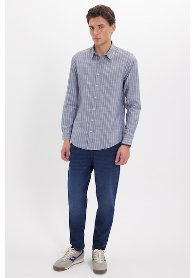 Tudors Erkek Slim Fit Dar Kesim Uzun Kollu %100 Pamuk Keten Doku Çizgili Gömlek-42644 Lacivert