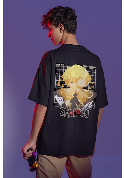 Zenitsu Agatsuma Sırt Baskılı Unisex Oversize Anime Tişört Siyah
