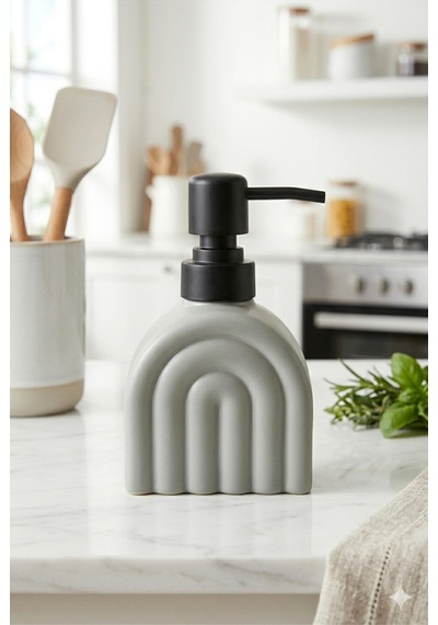 Buççin Online Mağaza Modern Kemer Desenli, Minimal İskandinav Cam Sıvı Sabunluk - 250 Ml - 9 X 9 X 6 Cm Cam Gri Çok Renkli
