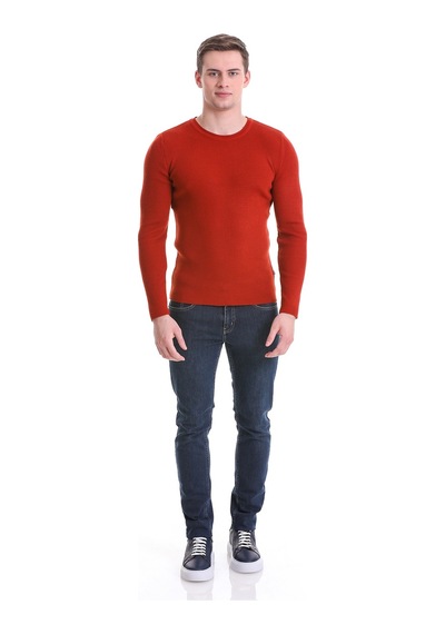 Hatemoğlu Kiremit Slim Fit Fitilli Bisiklet Yaka Yünlü Triko Kazak 3412202 Kiremit