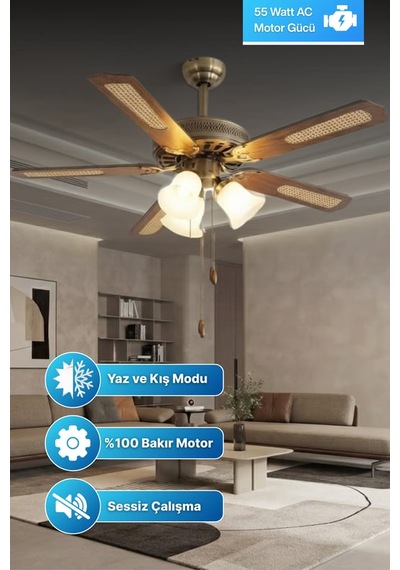 Reyo Lodos Ahşap 132cm İpli Bakır Motor 3 Lambalı Tavan Vantilatörü Ahşap