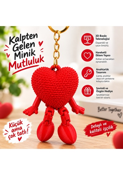 Hareketli Kalp Figürlü Kırmızı Anahtarlık Sevimli Tasarım - 3d Baskı