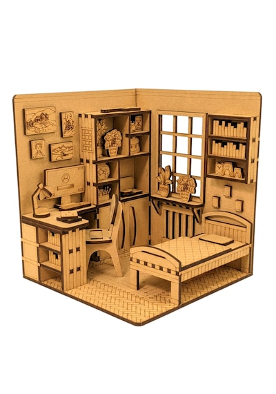 Çalışma Odası Ahşap Maket Seti Dıy Miniatür Yatak Odası Ve Çalışma Köşesi Peri Led'li 3d Puzzle