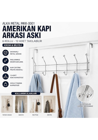 6 Kollu Krom Kapı Arkası Askı Bilyeli Amerikan Kapı Askılığı Delmeden Pratik Montaj Gri