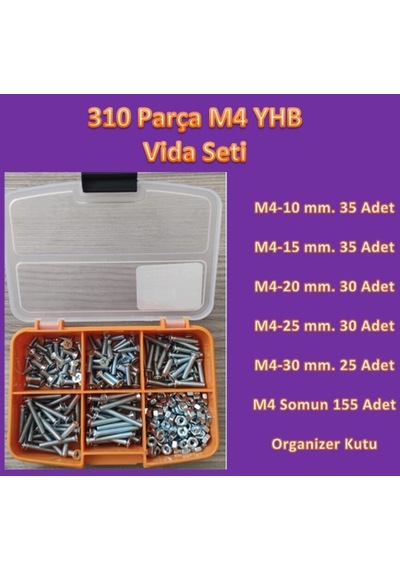 M4 Yhb Vida Somun Seti-310 Adet-metrik 4 Mm-boy 10-15-20-25-30 Mm