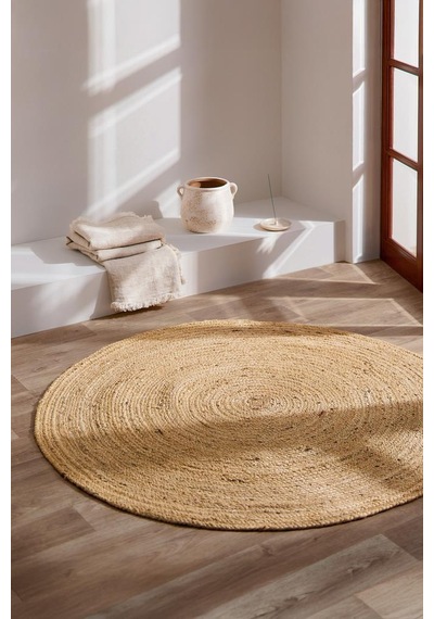 Digithome Jüt Hasır Yuvarlak Oturma Odası Yatak Odası Natural Halı 120 Cm Kahverengi