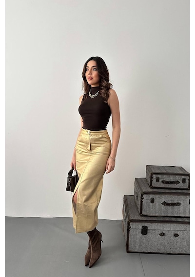 Alemdarshop Altın Varaklı Gabardin Yırtmaçlı Etek