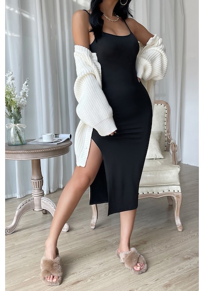 Ang Butik Kadın Siyah Yırtmaçlı Diz Altı Vücüdu Saran Gecelik