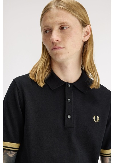 Fred Perry K2323-90a Contrast Cuff Knitted Erkek Polo Tişört Siyah