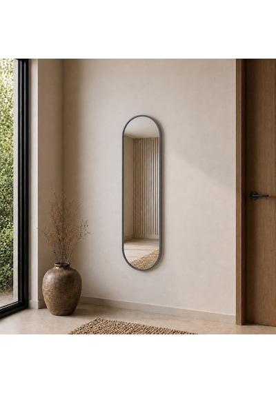 Modern Oval Boy Aynası 40x120 Cm Minimalist Çerçeveli Dekoratif Duvar Aynası 2026 Trend Gri