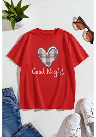 Uyguntarz Unisex Night Kalp Baskılı Tasarım Tshirt Kırmızı