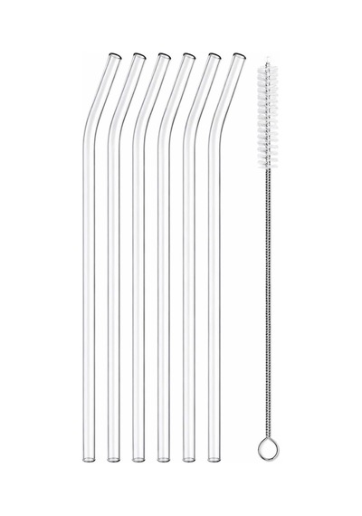6'li Cam Pipet Seti + Temizleme Fırçası Kavisli Şeffaf Cam Pipet, Yeniden Kullanılabilir, Bulaşık Makinesinde