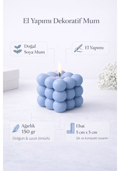 Dekoratif Lüks Soya Mum, El Yapımı Doğal Mum, Uzun Yanma Süreli Şık Ev Hediyesi, Ev Süsü Mavi 140 G Mavi
