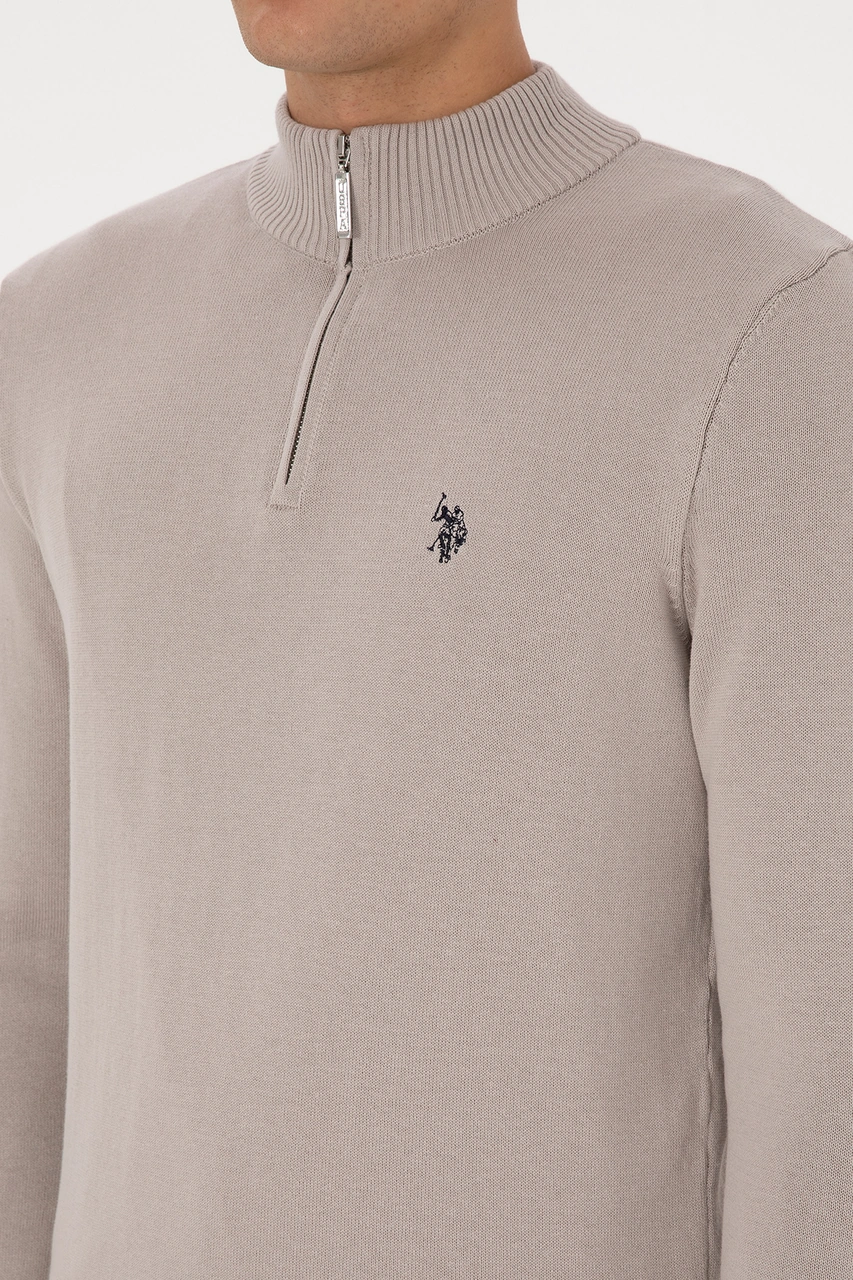 U.S. Polo Assn. Erkek Slim Fit Yarım Fermuarlı Taş Basic Kazak 50313695-VR049