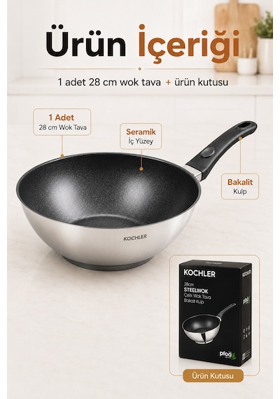 28 Cm Seramik İç Yüzeyli İndüksiyon Uyumlu Paslanmaz Çelik Wok Tava Gümüş