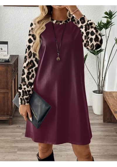 Tammy Kadın Uzun Kollu Bisiklet Yakalı Leopar Desenli Deri Kısa Elbise Bordo