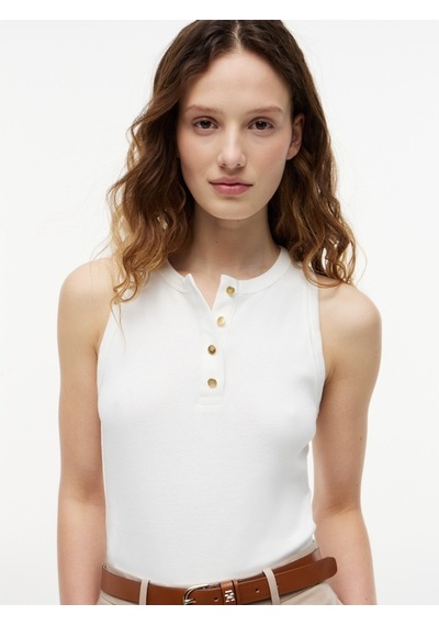 Tommy Hilfiger Gold Button Henley Top Kadın Beyaz T-shirt - Ww0ww49251
