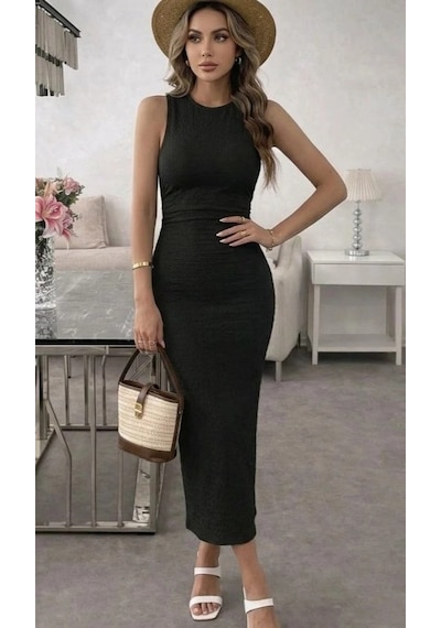 DefyModa Kadın Askılı Bisiklet Yaka Beli Büzgülü Uzun Bürümcük Elbise Siyah