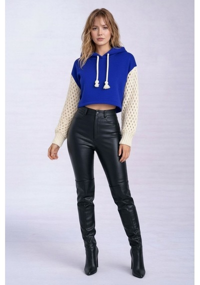 Mamayaga Kadın Kolları Triko File Örgü Şık Tasarım Crop Boy Kapüşonlu Sweatshirt Design Kazak Mavi