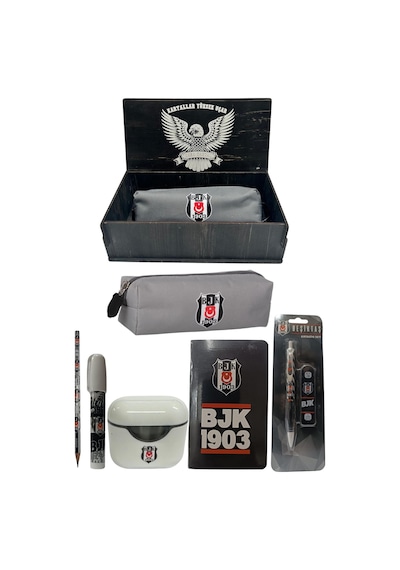 Bjkset098 Beşiktaş Orjinal Lisanslı Beyaz Air Kalemtraş Ahşap Kutulu 6'lı Kırtasiye Seti Kırmızı Siyah Sarı