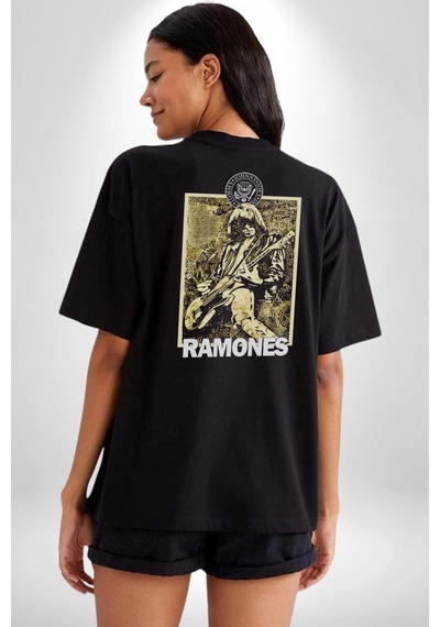 Ramones Rock Kulüp Pamuklu Unisex Oversize Sırt Dijital Baskılı Siyah T-shirt Siyah