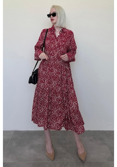 Madmext Bordo Uzun Kollu Düğmeli Desenli Elbise Mg2431 Bordo