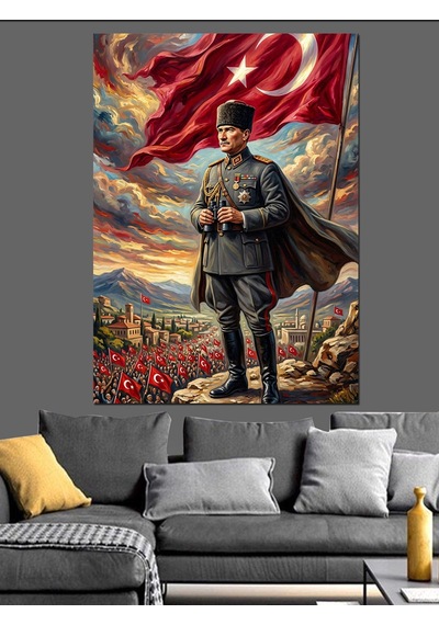 Cephede Türk Bayraklı Atatürk Portresi Dekoratif Kanvas - Mdf Ahşap Tablo