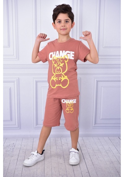 Veramoni Unisex Change Baskılı Çocuk Kısa Kol Yazlık Beli Lastikli Cepli Şort Alt Üst Takım Kiremit Rengi