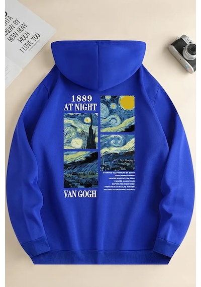 Vangogh Baskılı Oversize Sweatshirt Mavi