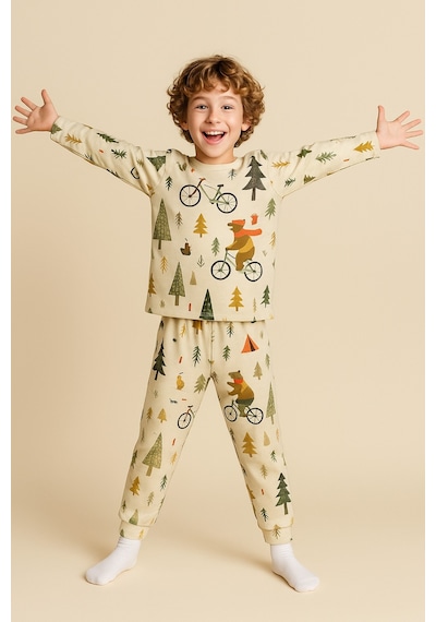 Esila Kids Erkek Çocuk Pijama Takımı Baskılı Uzun Kollu Takım 3-7 Yaş Bej