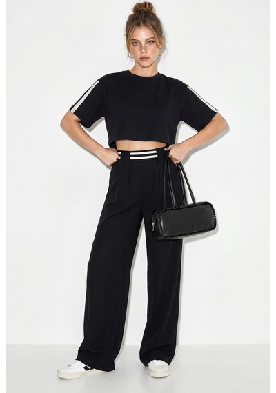 Shade Kadın Çizgi Detaylı Crop Bluzlu Yüksek Bel Modal Takım 4136 60286285 - Siyah