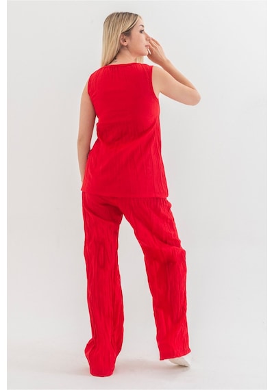 Bold & Young Kraşlı Cepli Beli Lastikli Viskon Polyester Dokuma Pantolon Kırmızı