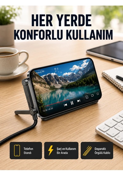 240w Type-c To Type-c Katlanabilir Standlı Hızlı Şarj Kablosu Siyah