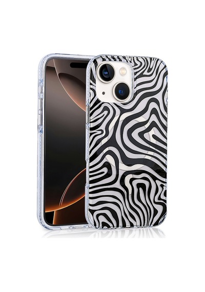 Apple Uyumlu iPhone 15 Kılıf Magsafe Şarj Özellikli Leopar Desenli Jago Kılıf Siyah - Beyaz Standart