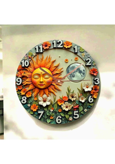 AA Shop Güneş Ay Bitki Renkli Baskı Desenli Sayılı Hediyelik Ahşap Sessiz Tablo Duvar Saati 616 Çok Renkli