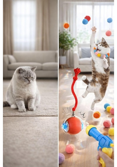 Ayrex Usb Şarjlı Akıllı Led İnteraktif Kedi Topu Ve Peluş Top Fırlatma Tabancası Seti, 20 Adet Peluş Toplu Kedi