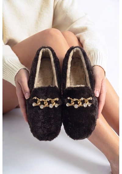 Nmoda Kadın Peluş Panduf Gold Zincir Taşlı Aksesuarlı Kapalı Loafer Yumuşak Tabanlı Kışlık Rahat Babet Kahverengi