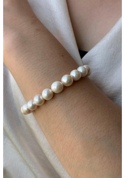 9,5 Mm Gemici Kilit Doğal İnci Bileklik 20 Cm / Rose Gümüş