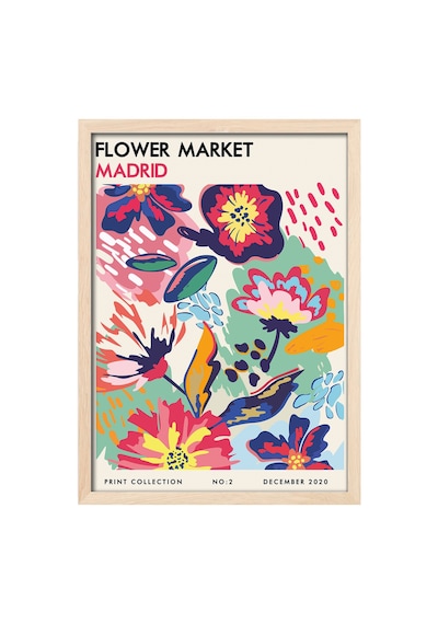 Flower Market Madrid Doğal Ahşap Çerçeveli Poster, Dekoratif Sanatsal Duvar Tablosu