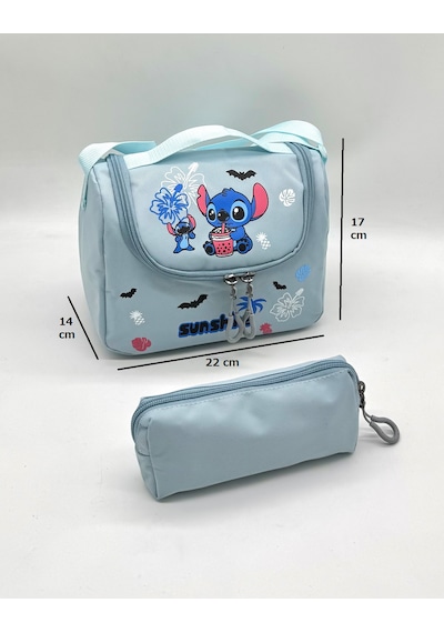 Stitch Desen Aksesuarlı Kore Tarzı Termal Beslenmeli Ve Kalemlikli Kız Çocuk Okul Sırt Çantası Seti Turkuaz