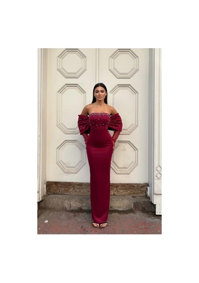 DefyModa Kadın Esnek Tül Kumaş Straplez Abiye Elbise Bordo