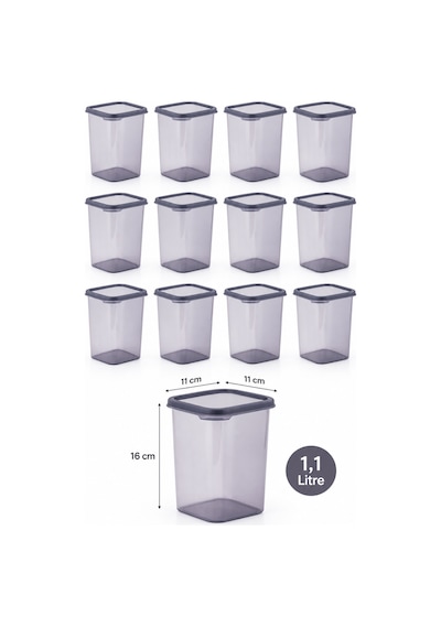 Porsima 4512 Kiler Box 12'li Kare Erzak Saklama Kabı Seti 1,1 Litre Şeffaf Füme Bakliyat, Baharat Ve Mutfak Düzenleyici