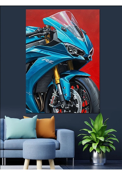 Ahşap Tablo Mavi Spor Yarış Motosikleti Ünlü Tabloları