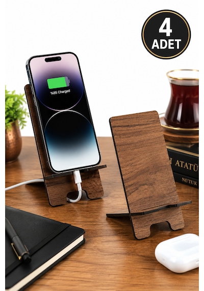 4 Adet Ahşap Telefon Standı Masaüstü Telefon Tutucu Katlanabilir Şarj Girişli Ev Ofis Düzenleyici Seti Standart