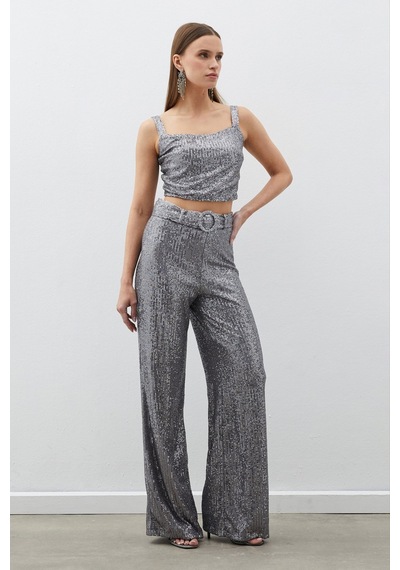 Sateen Kemerli Payet Pantolon - Gümüş