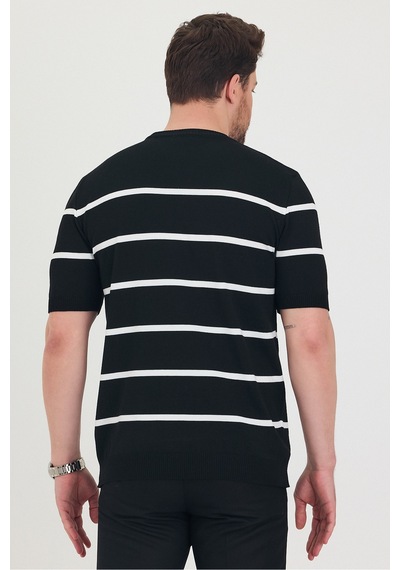 Cool Tarz Erkek Bisiklet Yaka Kalın Çizgi Detaylı Kısa Kollu Ince Triko T-shirt Siyah Siyah