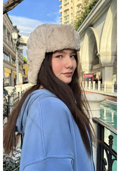 Mollycrush Genç Bej Peluş Pilot Şapka Uniseks Trend Kulaklıklı Kışlık Ushanka Model Bej