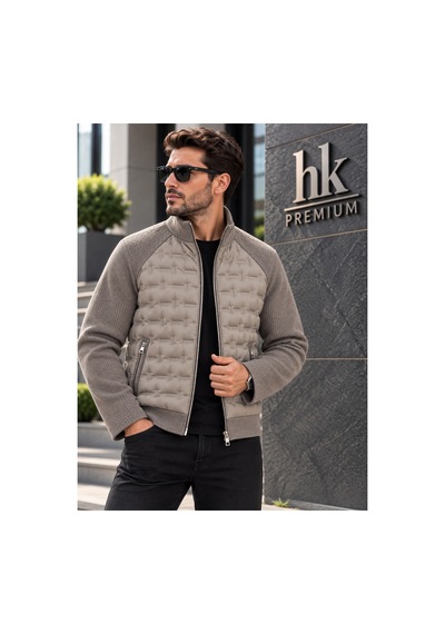 Hk Premium Erkek Mont Daire Baskı Örme Triko %100 Polyester Dik Yaka Ceket Bej