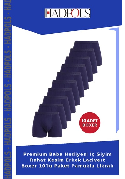 Hadpols Premium Baba Hediyesi İç Giyim Rahat Kesim Erkek Lacivert Boxer 10'lu Paket Pamuklu Likralı